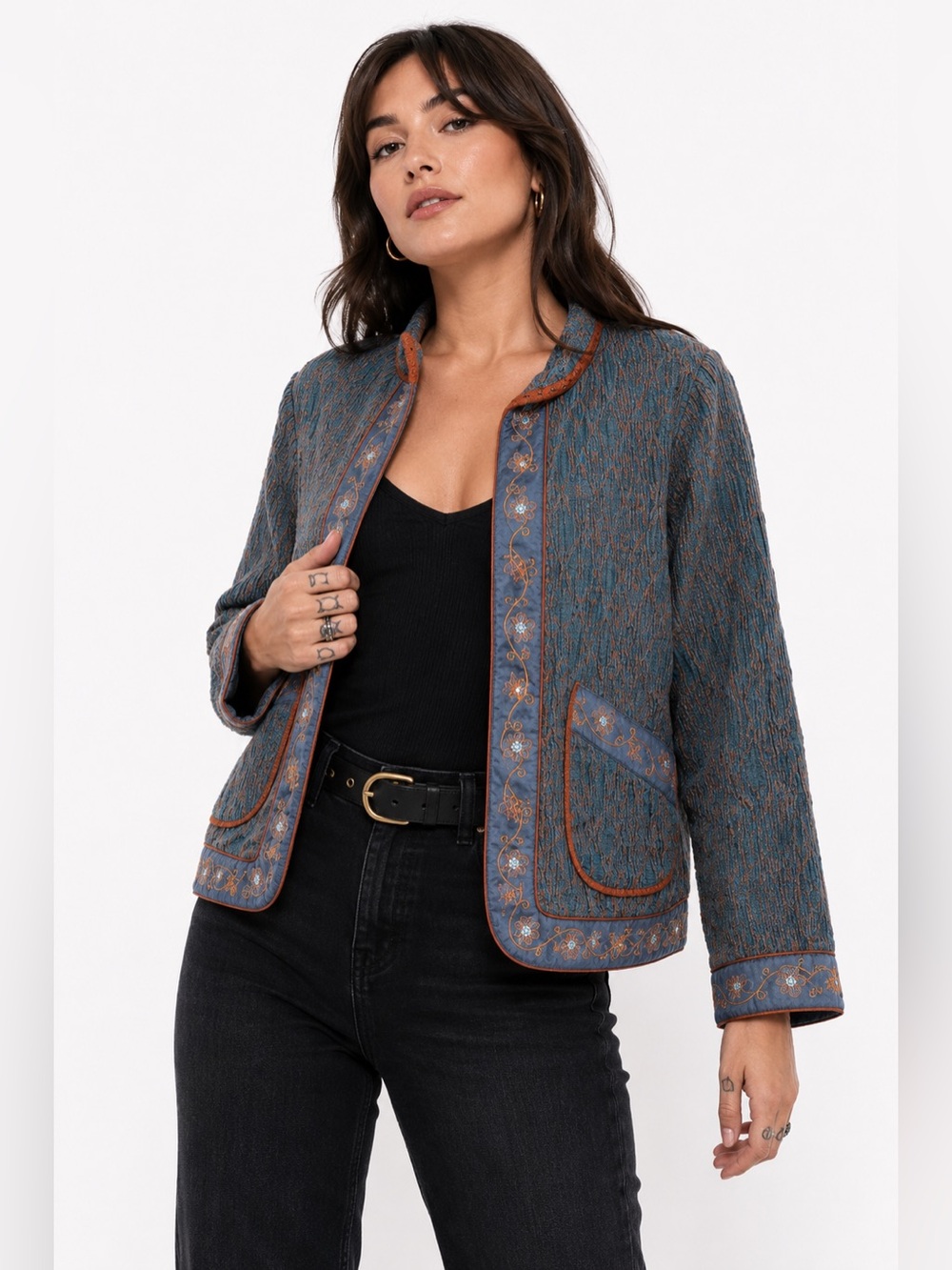 70s/80s Vintage YakMagik Metallic Floral Sequin Embroidered Jacket Teal/Orange M